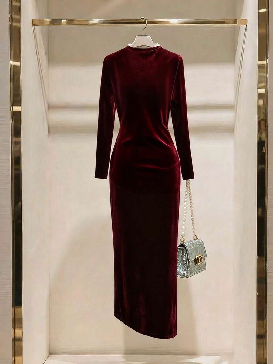 SHEIN GlowEve فستان عنابي بأكمام طويلة بطراز فرنسي كلاسيكي
