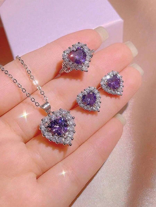 SHEIN مجموعة مجوهرات 4 قطع قلب بنفسجي راين ستون
