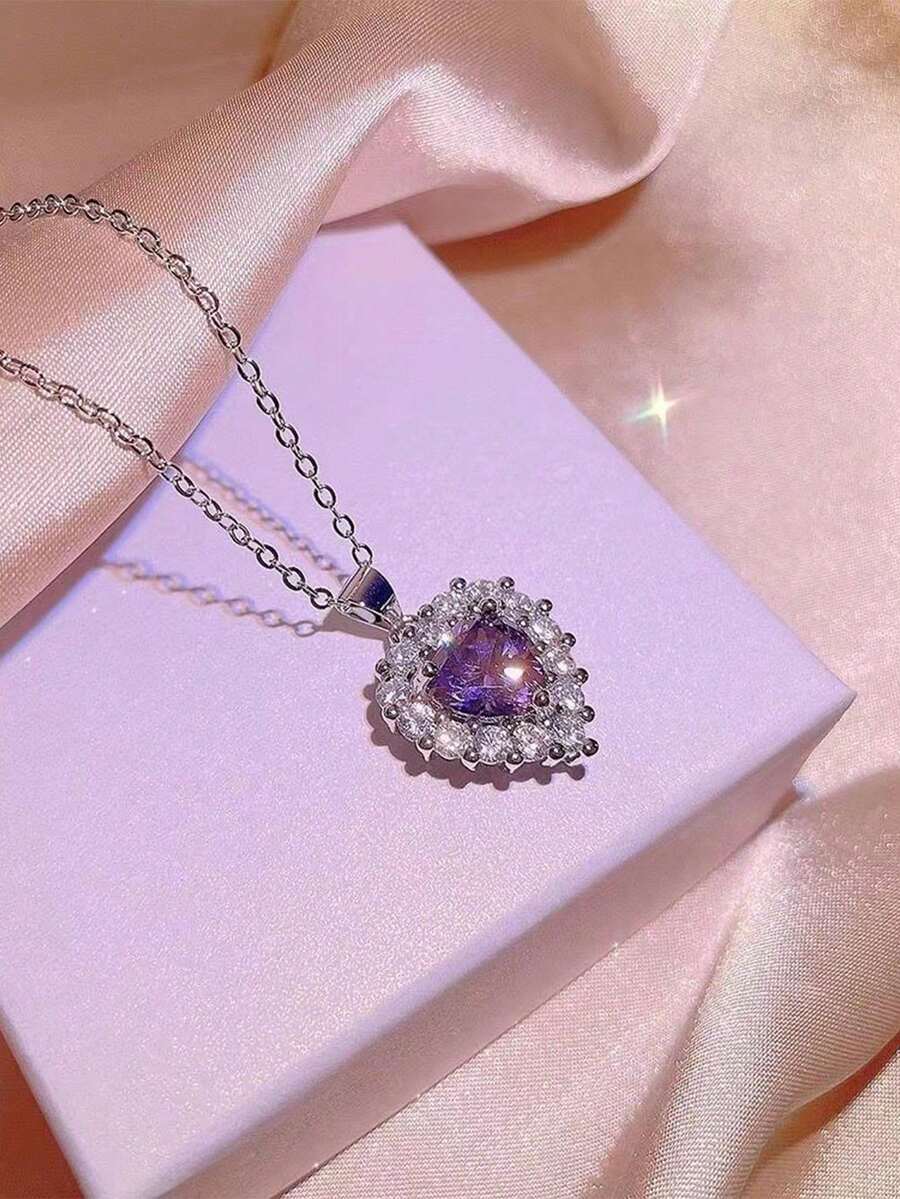 SHEIN مجموعة مجوهرات 4 قطع قلب بنفسجي راين ستون