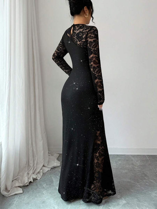 SHEIN Elenzga فستان اسود رقعي من الدانتيل بأكمام طويلة