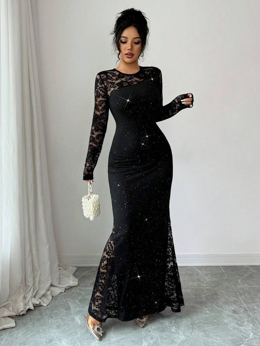 SHEIN Elenzga فستان اسود رقعي من الدانتيل بأكمام طويلة