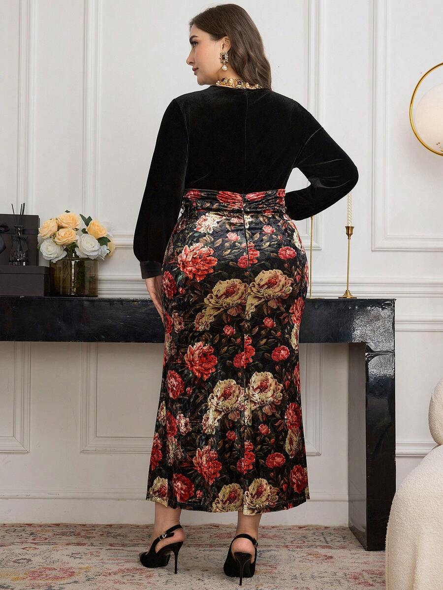 SHEIN Modelyn فستان أسود طويل مخمل مطرز للمقاسات الكبيرة