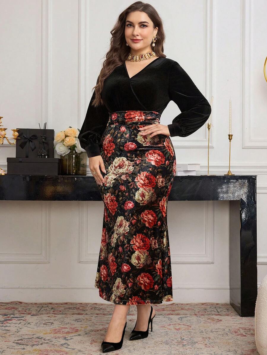SHEIN Modelyn فستان أسود طويل مخمل مطرز للمقاسات الكبيرة