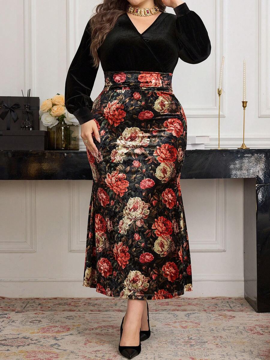 SHEIN Modelyn فستان أسود طويل مخمل مطرز للمقاسات الكبيرة
