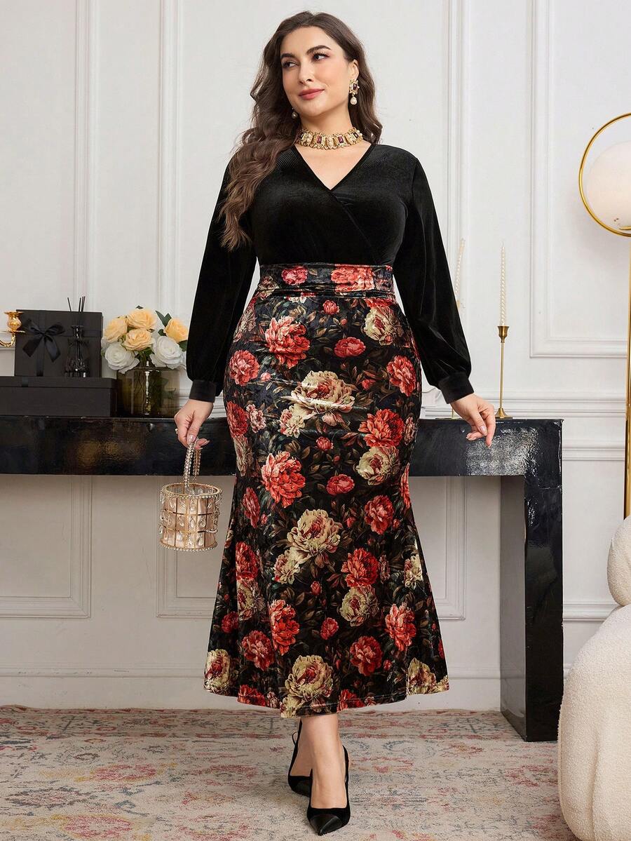 SHEIN Modelyn فستان أسود طويل مخمل مطرز للمقاسات الكبيرة