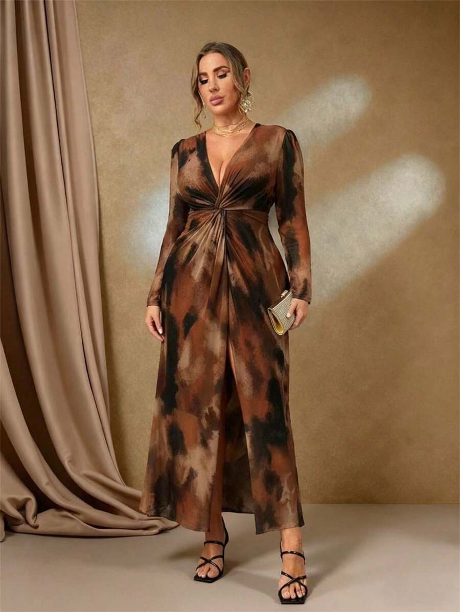SHEIN Roveilla فستان ماكسي بني للمقاسات الكبيرة بتصميم لف وطباعة زهرية