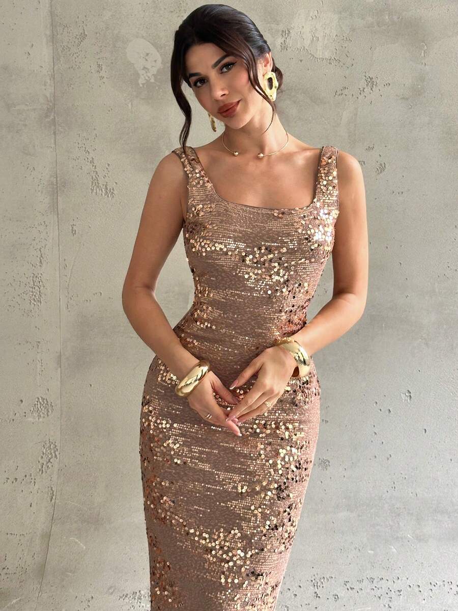 SHEIN Firerie فستان بظهر مكشوف مرصع بالترتر بدون أكمام