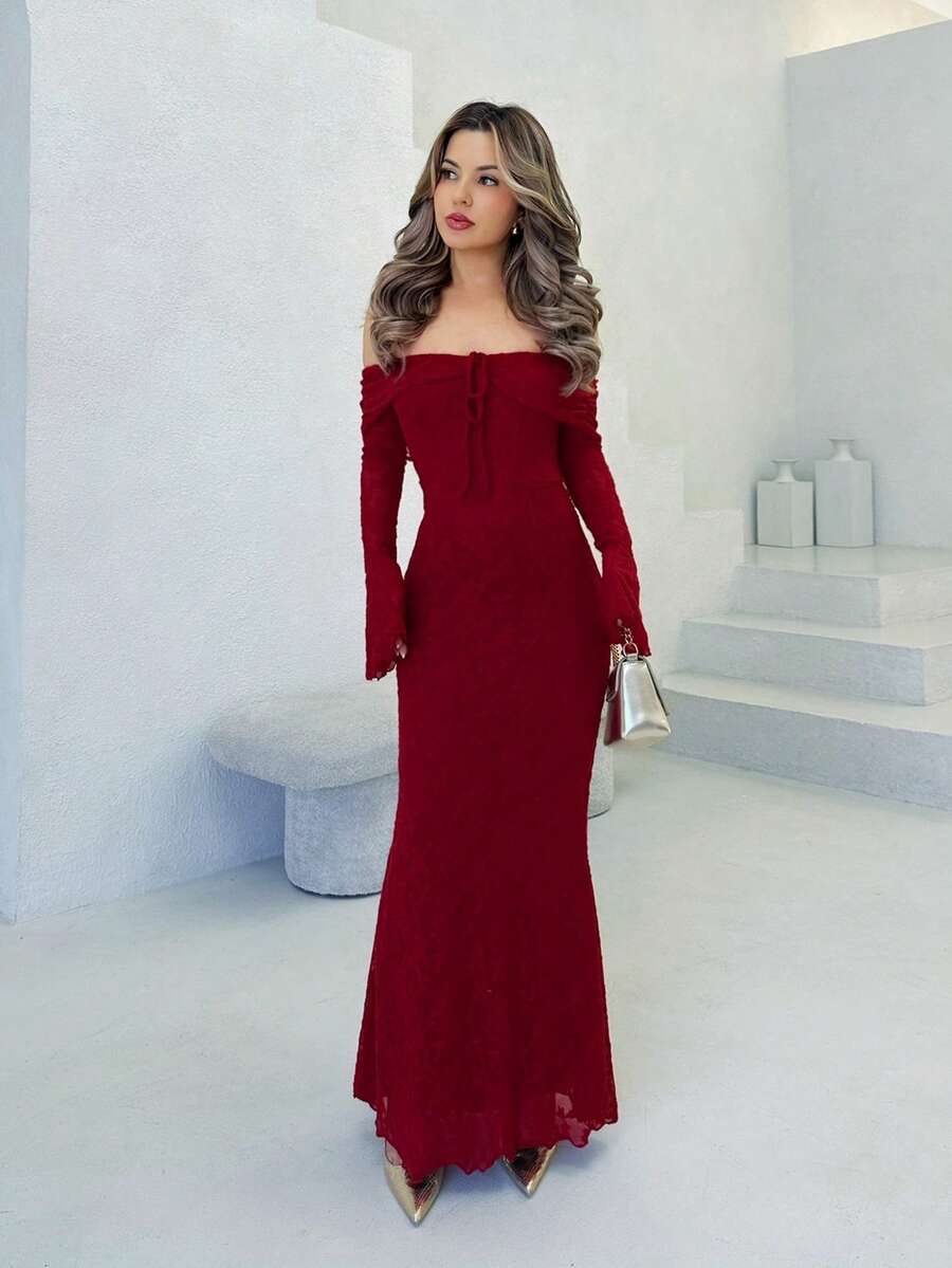 SHEIN Jemour فستان عنابي ضيق بأكمام طويلة وأكتاف مكشوفة