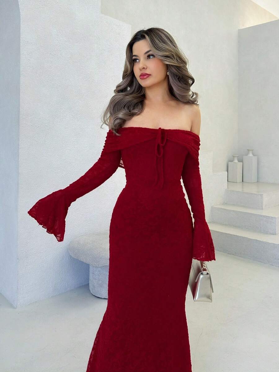 SHEIN Jemour فستان عنابي ضيق بأكمام طويلة وأكتاف مكشوفة