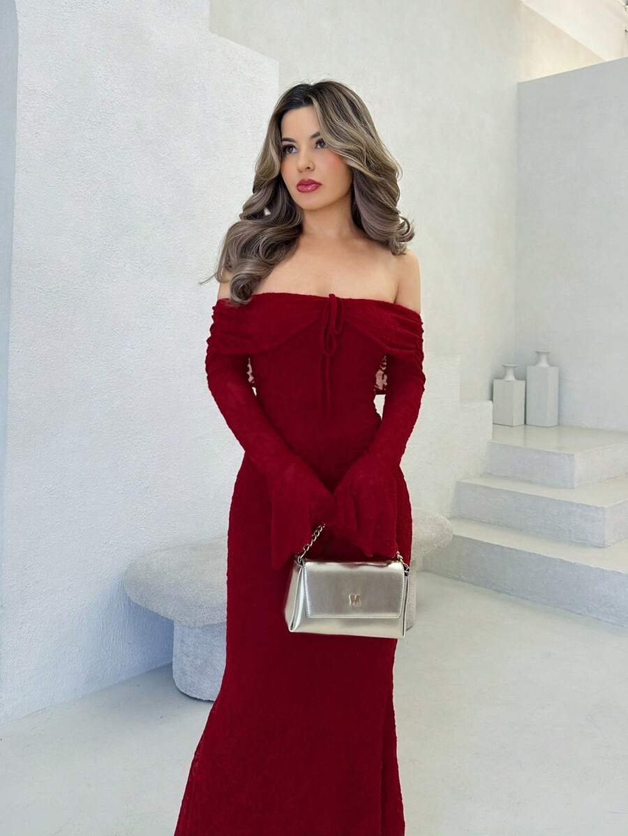 SHEIN Jemour فستان عنابي ضيق بأكمام طويلة وأكتاف مكشوفة