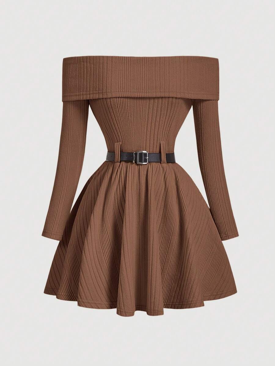 SHEIN MOD فستان كتف مكشوف بخصر مربوط وتنورة منتفخة