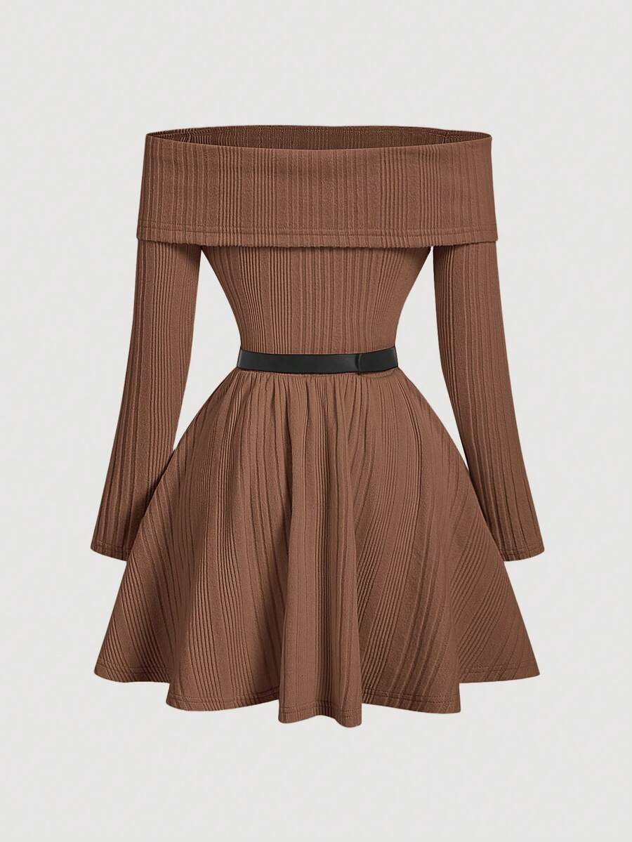 SHEIN MOD فستان كتف مكشوف بخصر مربوط وتنورة منتفخة