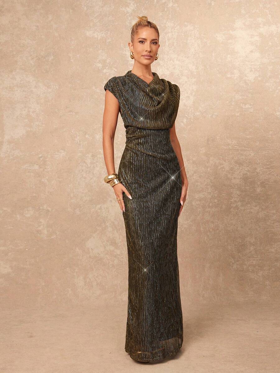 SHEIN Lumalex فستان ذهبي أنيق بخيوط معدنية ذهبية ورقبة متدلية