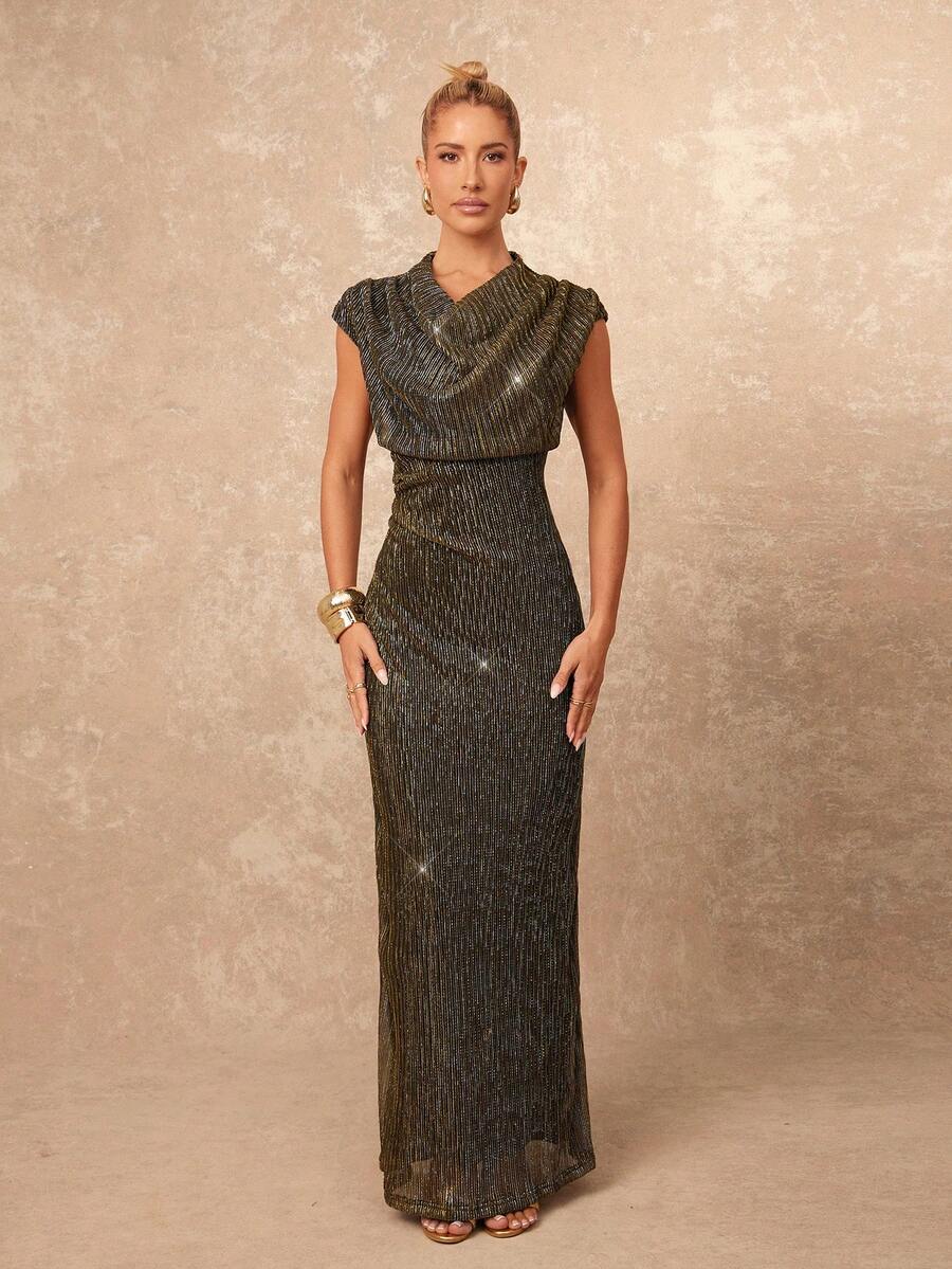 SHEIN Lumalex فستان ذهبي أنيق بخيوط معدنية ذهبية ورقبة متدلية