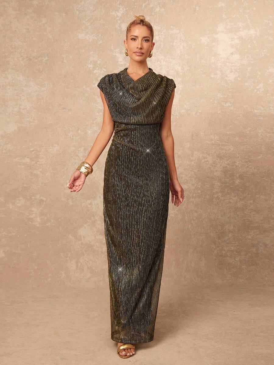 SHEIN Lumalex فستان ذهبي أنيق بخيوط معدنية ذهبية ورقبة متدلية