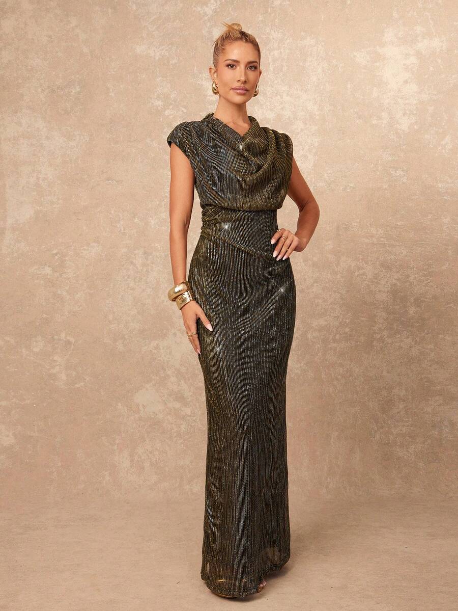 SHEIN Lumalex فستان ذهبي أنيق بخيوط معدنية ذهبية ورقبة متدلية