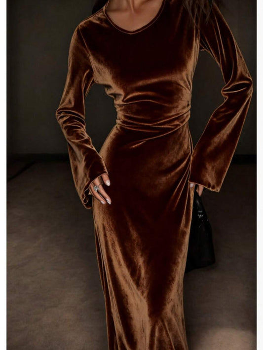 SHEIN فستان بني طويل الأكمام مخمل