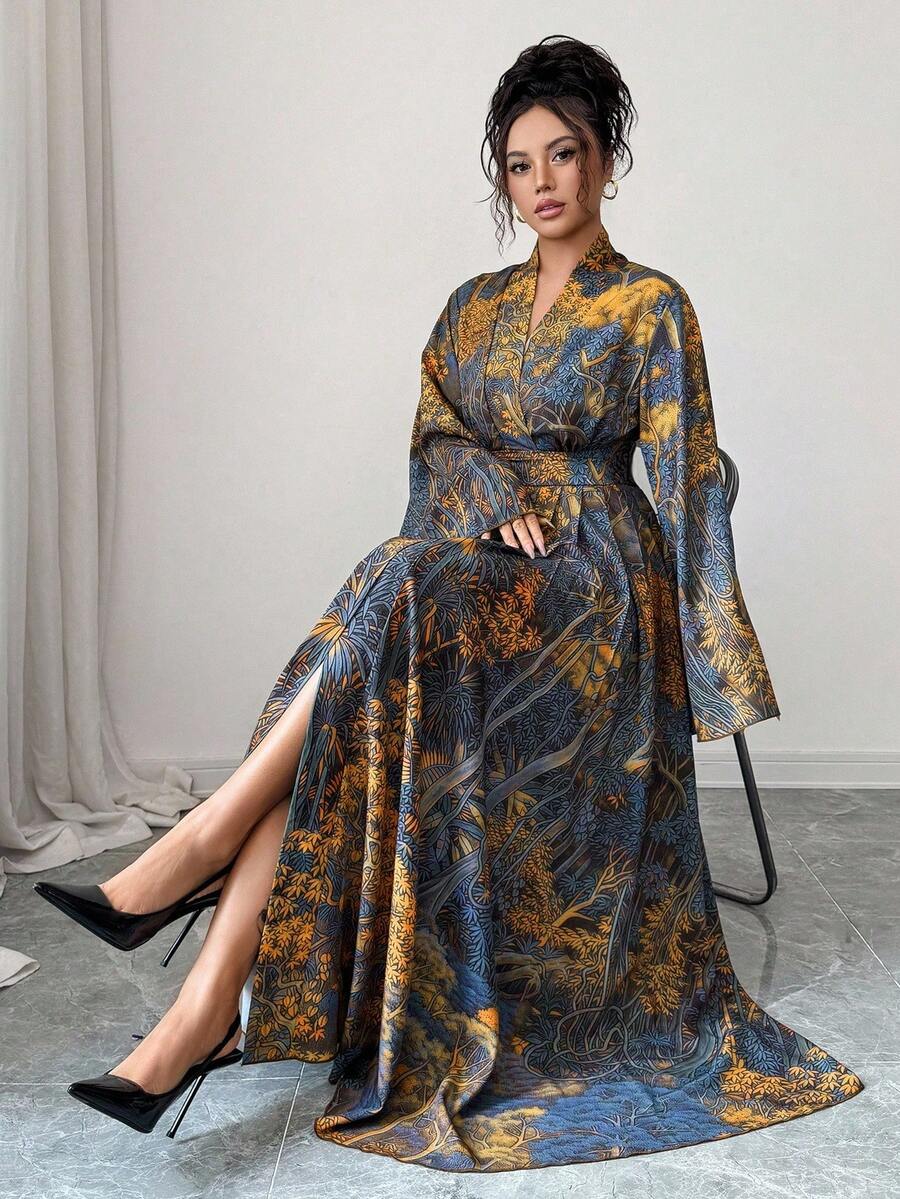 SHEIN Elenzga فستان كاجوال أزرق بطبعة زهور بأكمام طويلة