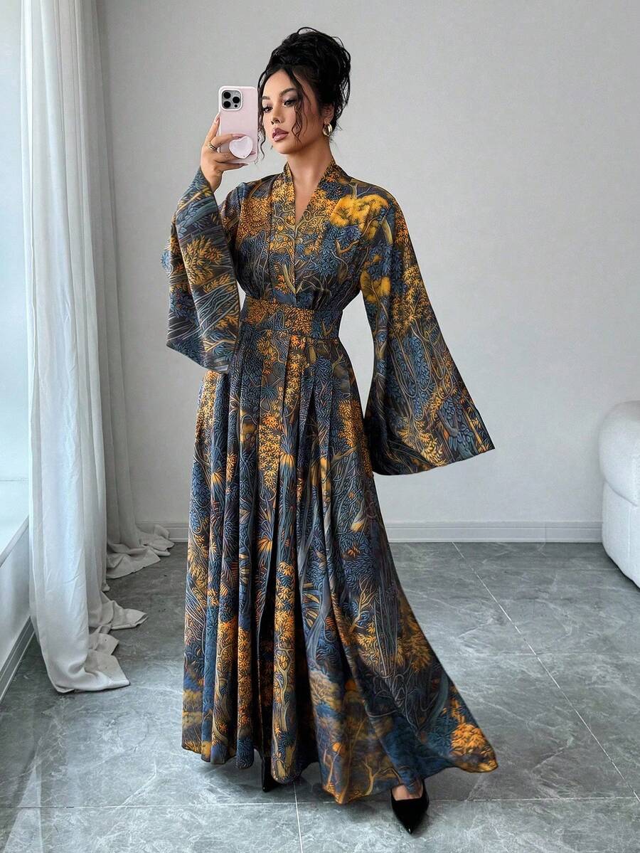 SHEIN Elenzga فستان كاجوال أزرق بطبعة زهور بأكمام طويلة