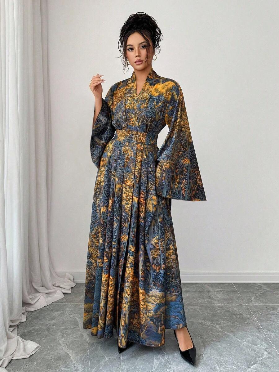 SHEIN Elenzga فستان كاجوال أزرق بطبعة زهور بأكمام طويلة