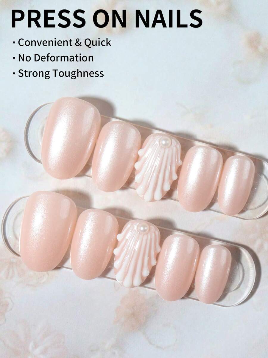 SHEIN أظافر 24 قطعة لاصقة بتصميم لؤلؤ مع جل ومبرد
