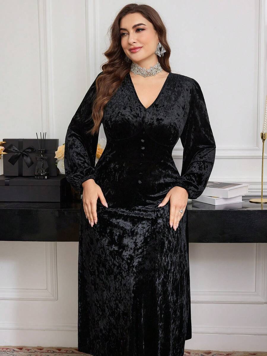 SHEIN Modelyn فستان أسود كاجوال طويل الأكمام للمقاسات الكبيرة