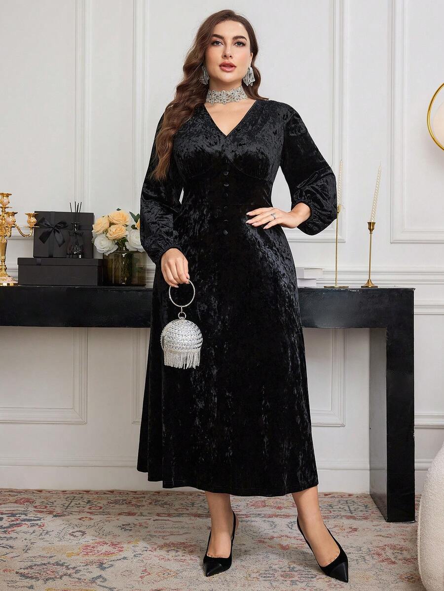 SHEIN Modelyn فستان أسود كاجوال طويل الأكمام للمقاسات الكبيرة