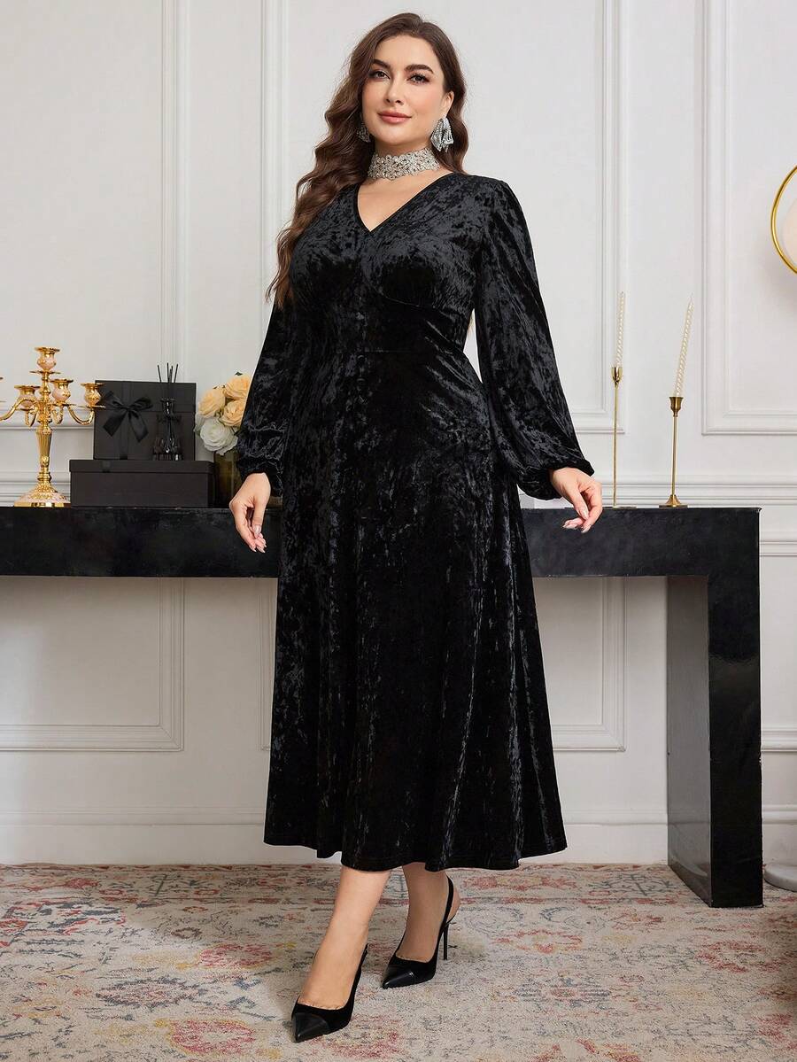 SHEIN Modelyn فستان أسود كاجوال طويل الأكمام للمقاسات الكبيرة