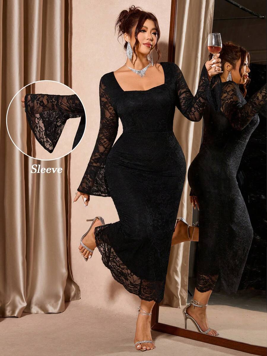 SHEIN Cravure فستان أسود للمقاسات الكبيرة بياقة مربعة وأكمام طويلة دانتيل