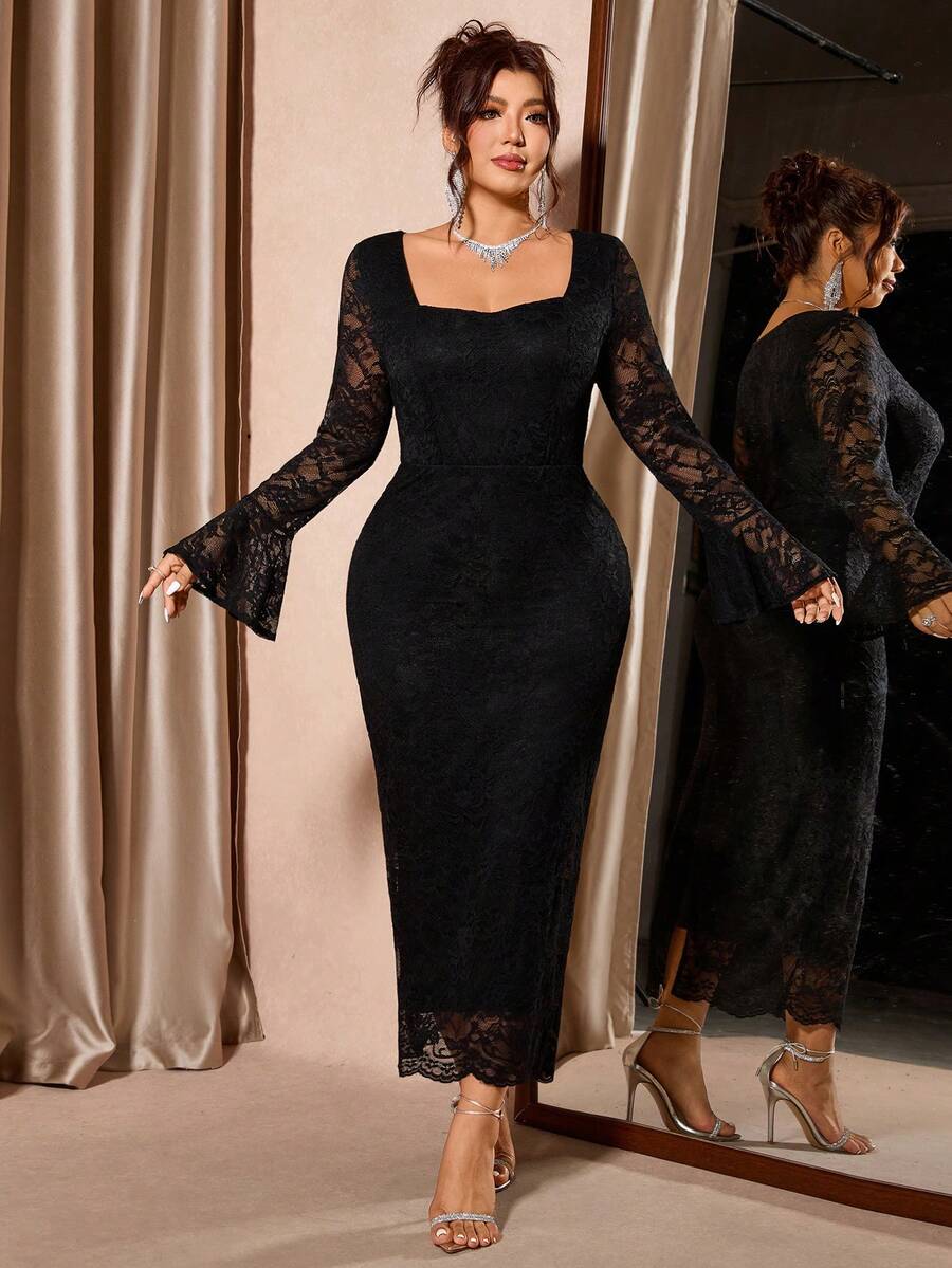 SHEIN Cravure فستان أسود للمقاسات الكبيرة بياقة مربعة وأكمام طويلة دانتيل