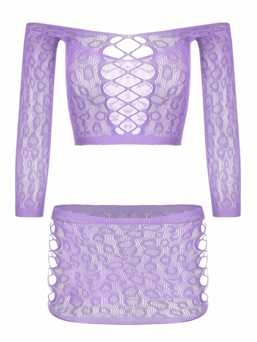 SHEIN ChaseTheNight مجموعة 2 قطعة ملابس داخلية ارجوانية شبكية مثيرة