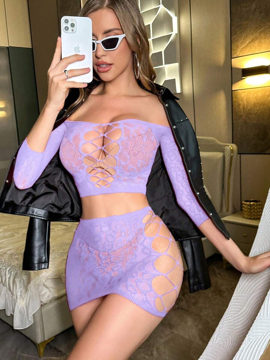 SHEIN ChaseTheNight مجموعة 2 قطعة ملابس داخلية ارجوانية شبكية مثيرة