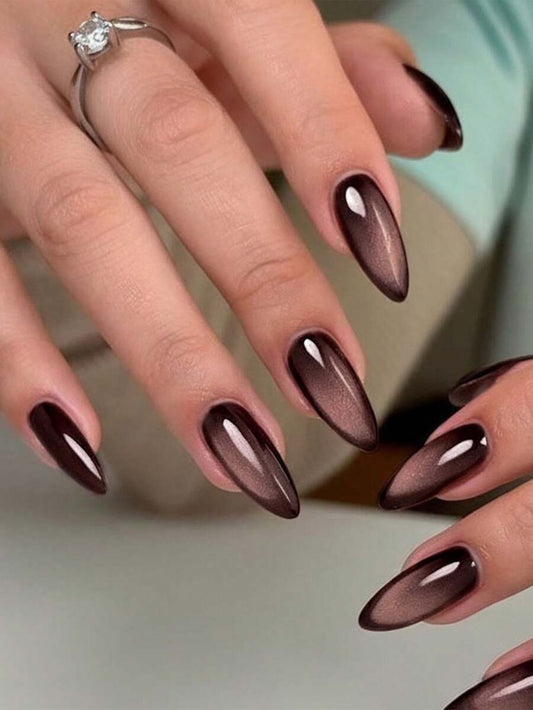 SHEIN أظافر 24 قطعة بشكل لوز طويل بتصميم عين القطة بلون بني