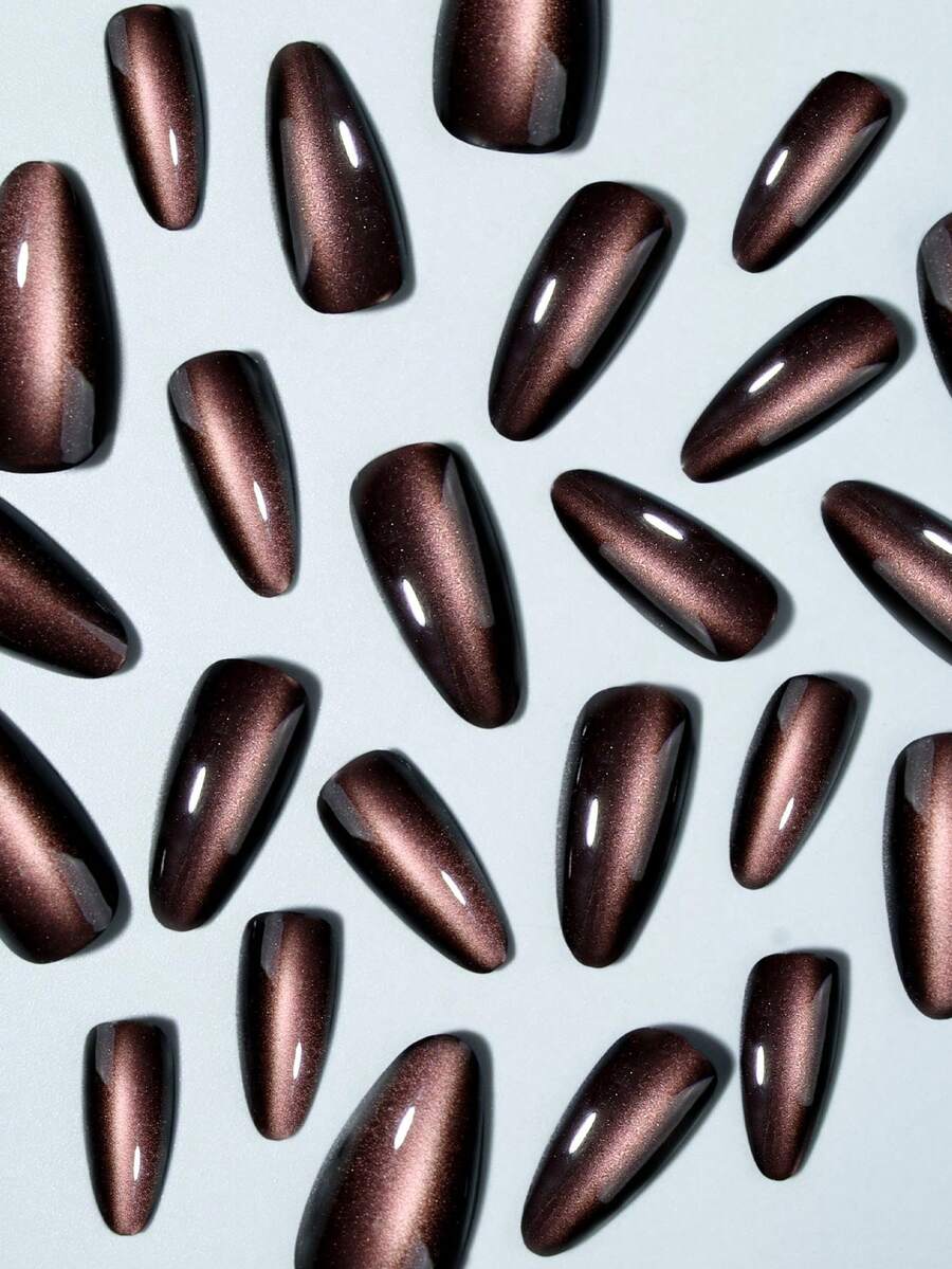 SHEIN أظافر 24 قطعة بشكل لوز طويل بتصميم عين القطة بلون بني