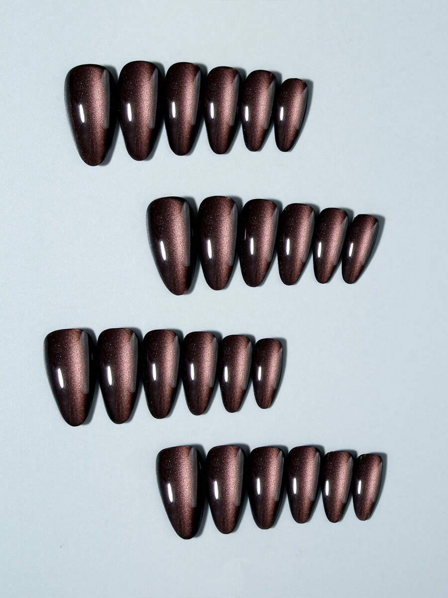 SHEIN أظافر 24 قطعة بشكل لوز طويل بتصميم عين القطة بلون بني