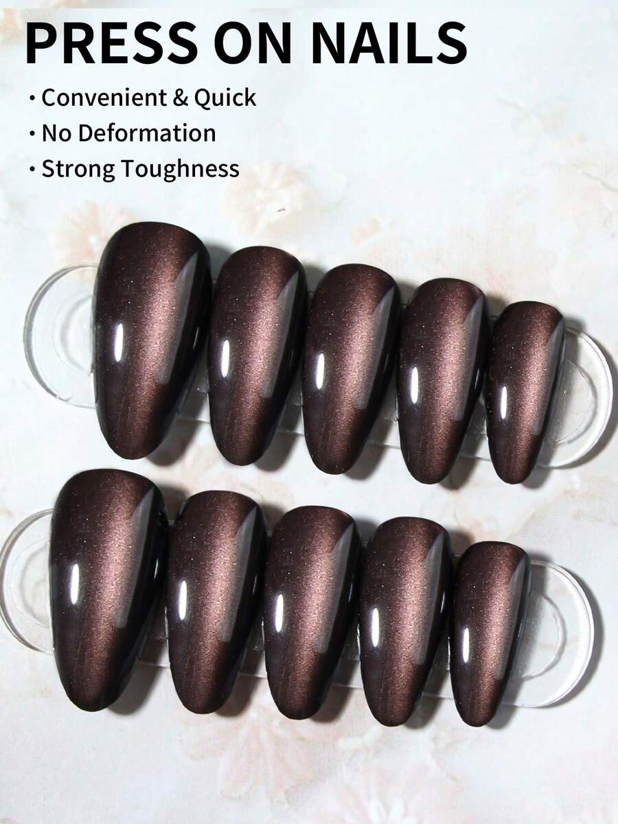 SHEIN أظافر 24 قطعة بشكل لوز طويل بتصميم عين القطة بلون بني