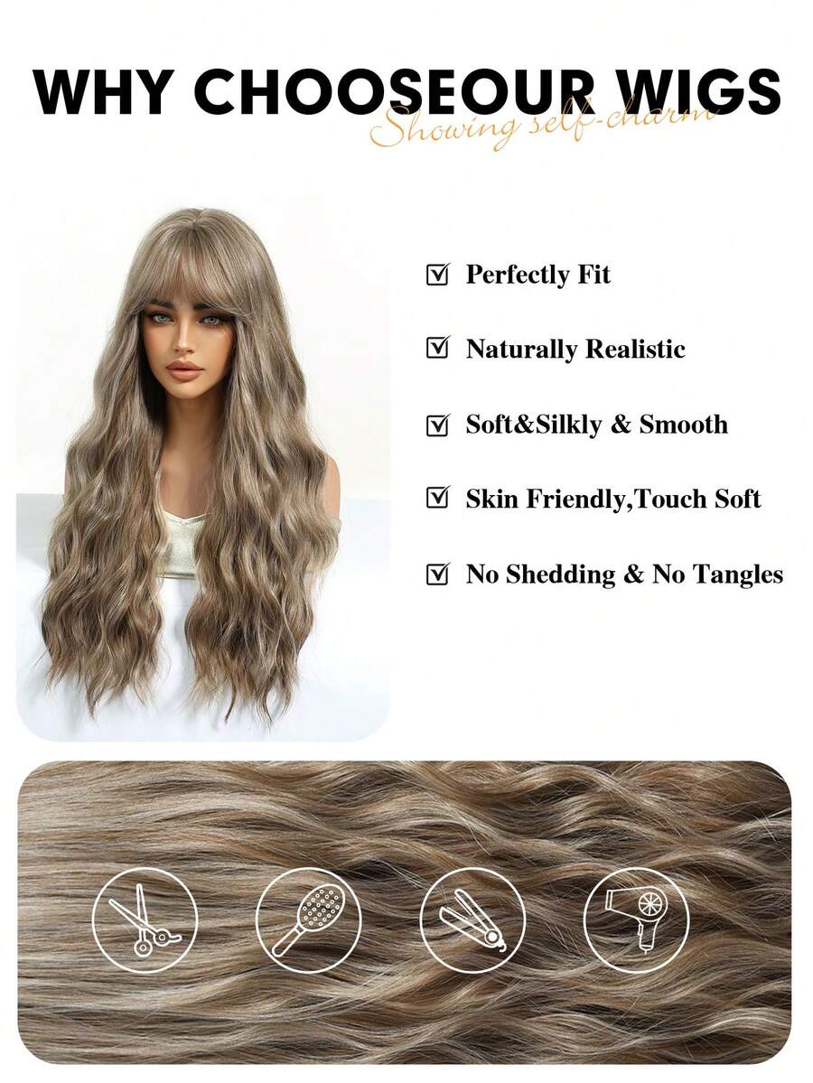 SHEIN باروكة شعر طويل بني 26 بوصة مموج وكيرلي مقاوم للحرارة مع غرة