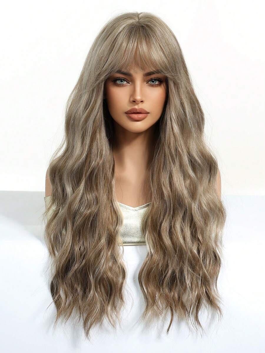 SHEIN باروكة شعر طويل بني 26 بوصة مموج وكيرلي مقاوم للحرارة مع غرة