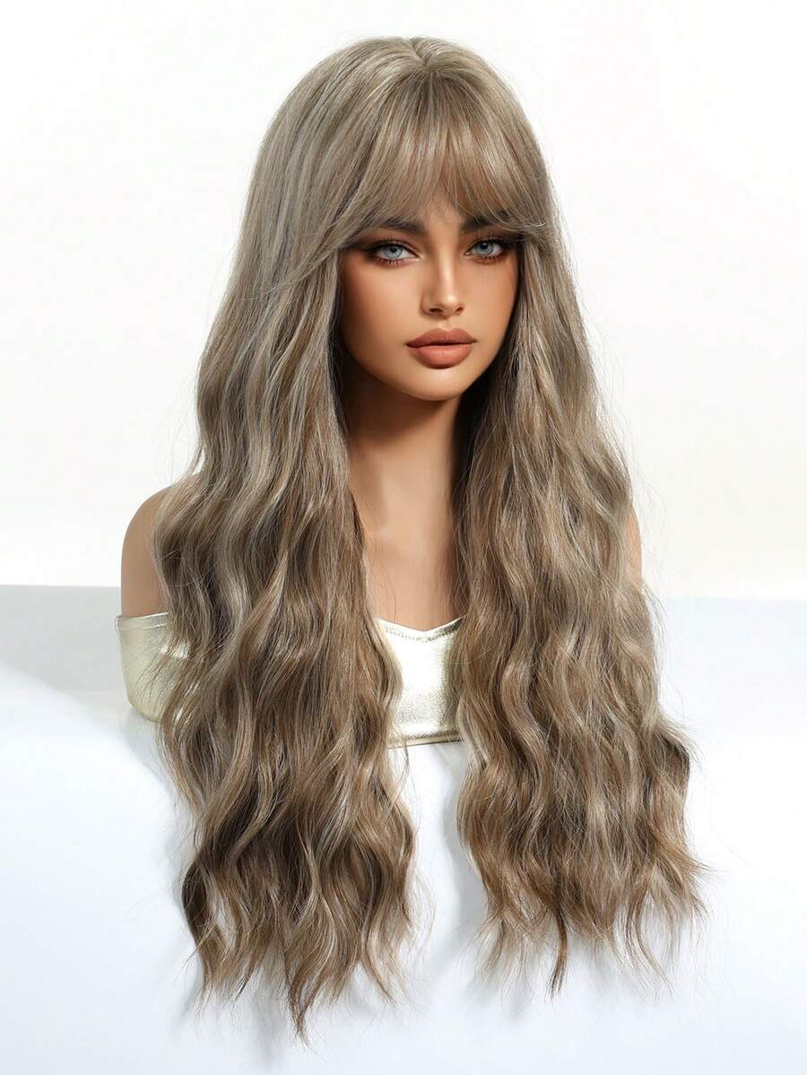 SHEIN باروكة شعر طويل بني 26 بوصة مموج وكيرلي مقاوم للحرارة مع غرة