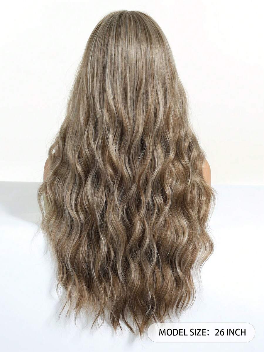 SHEIN باروكة شعر طويل بني 26 بوصة مموج وكيرلي مقاوم للحرارة مع غرة