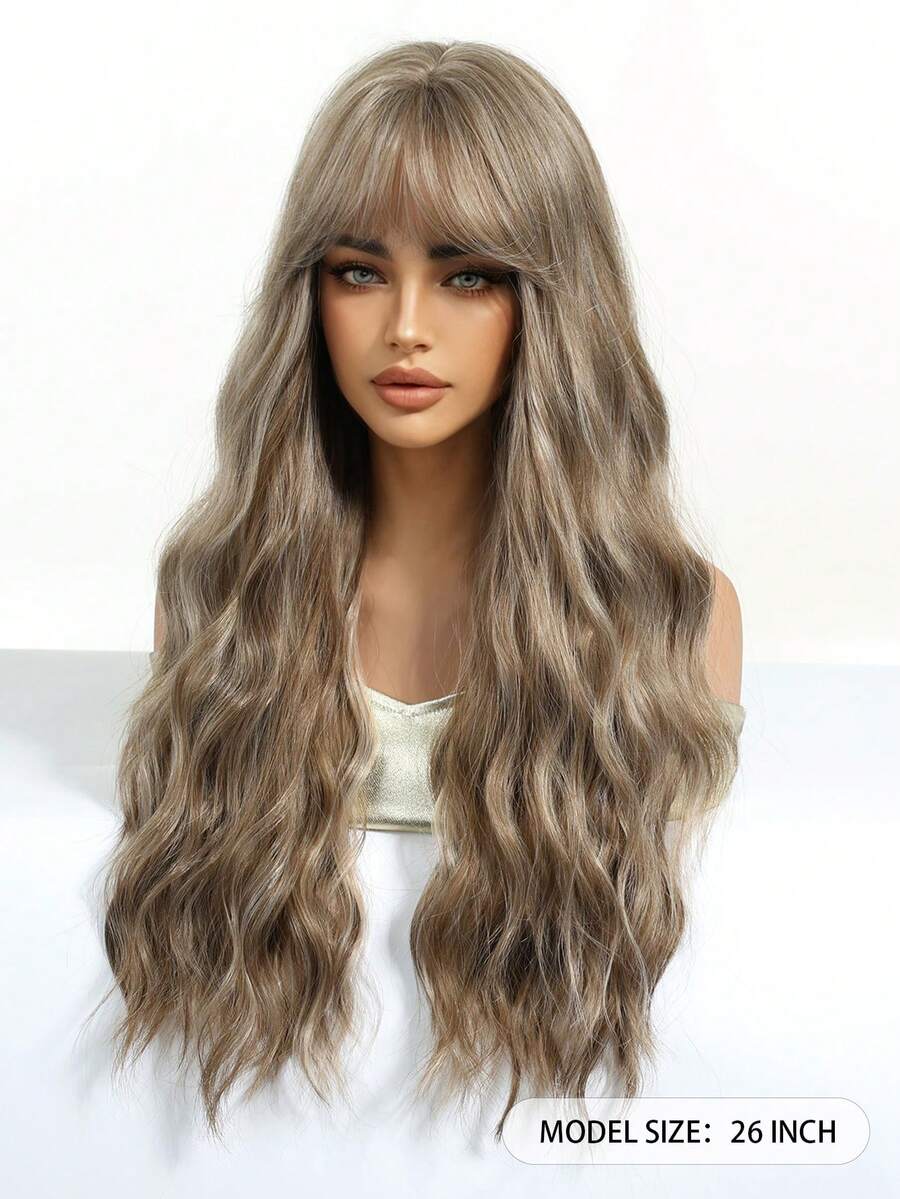 SHEIN باروكة شعر طويل بني 26 بوصة مموج وكيرلي مقاوم للحرارة مع غرة