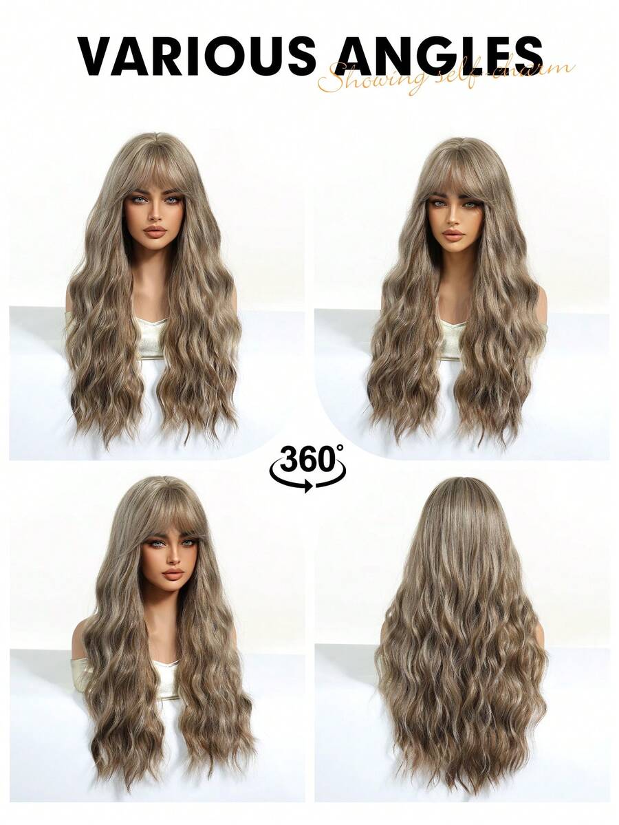 SHEIN باروكة شعر طويل بني 26 بوصة مموج وكيرلي مقاوم للحرارة مع غرة