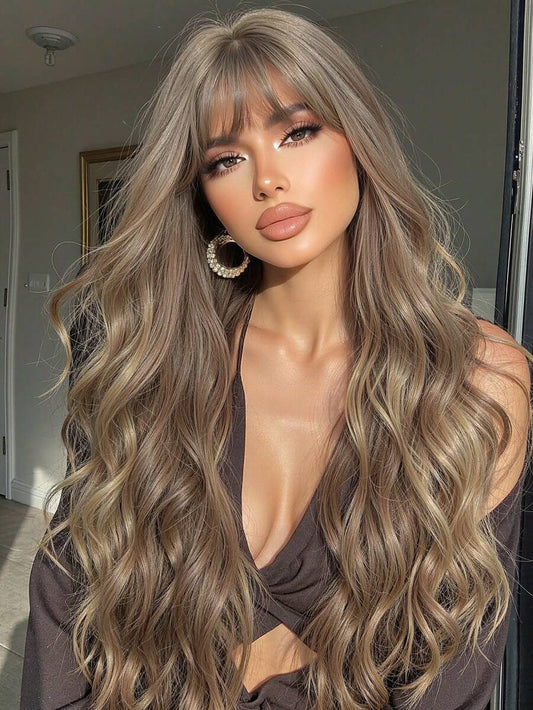 SHEIN باروكة شعر طويل بني 26 بوصة مموج وكيرلي مقاوم للحرارة مع غرة