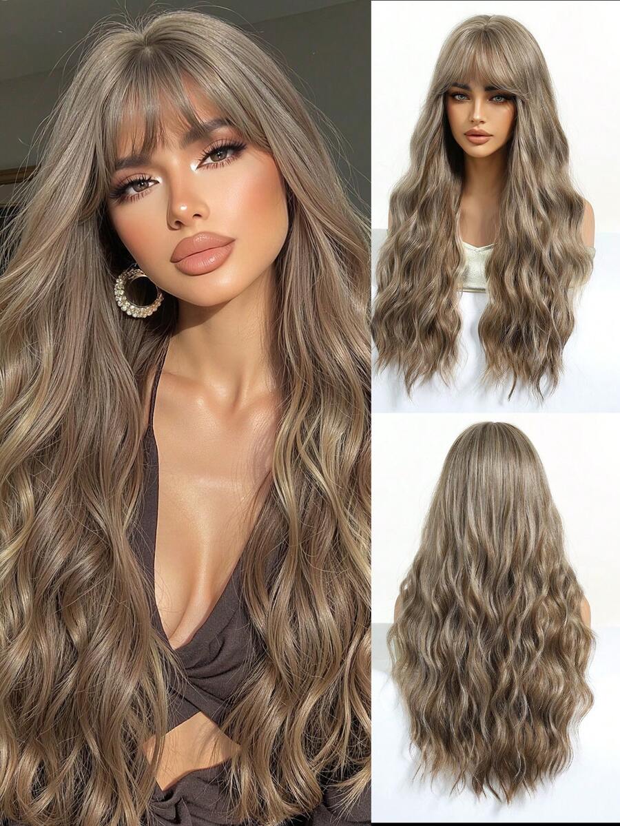 SHEIN باروكة شعر طويل بني 26 بوصة مموج وكيرلي مقاوم للحرارة مع غرة