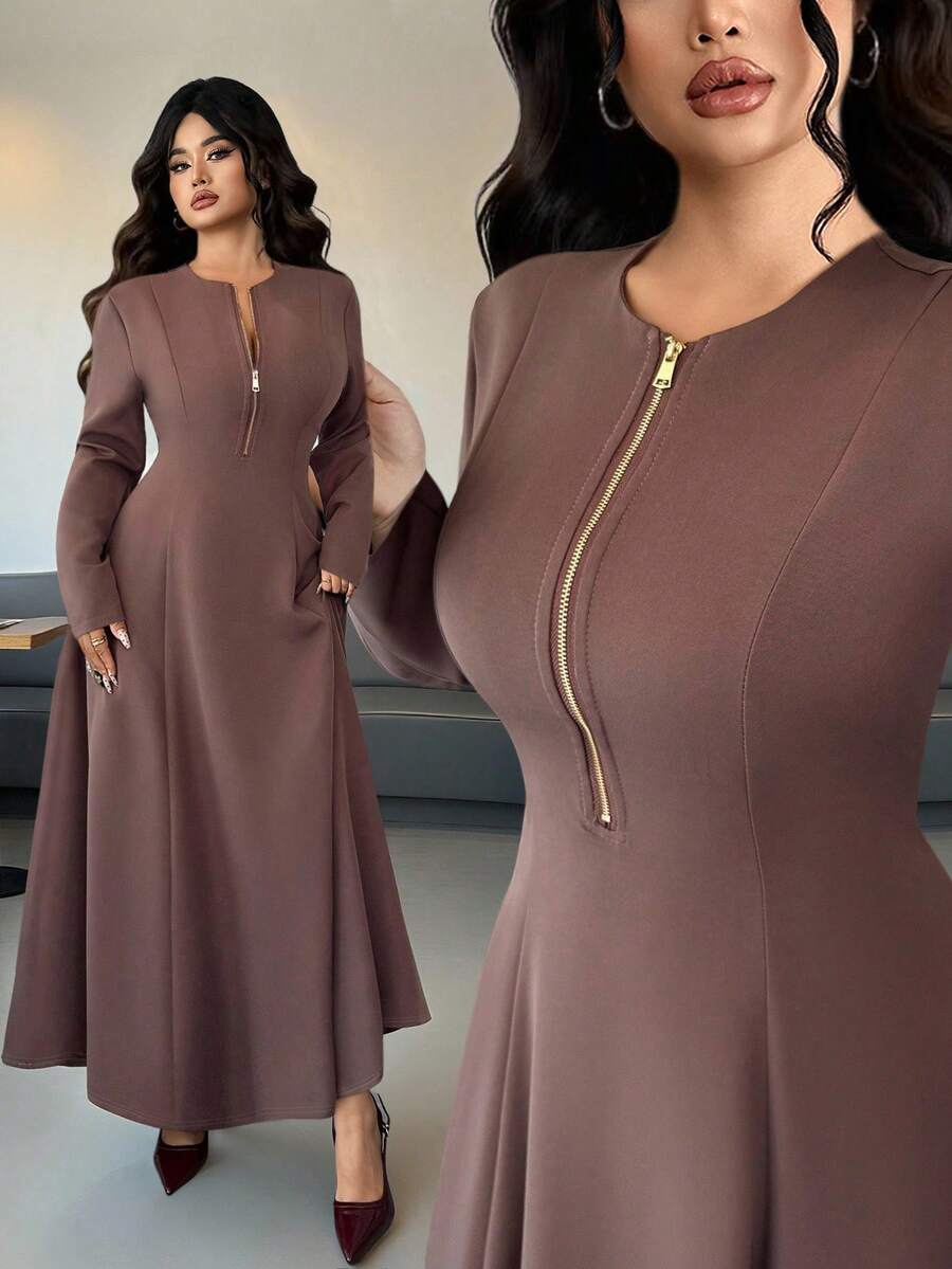 SHEIN Elenzga فستان بني بخصر مشدود للمقاسات الكبيرة