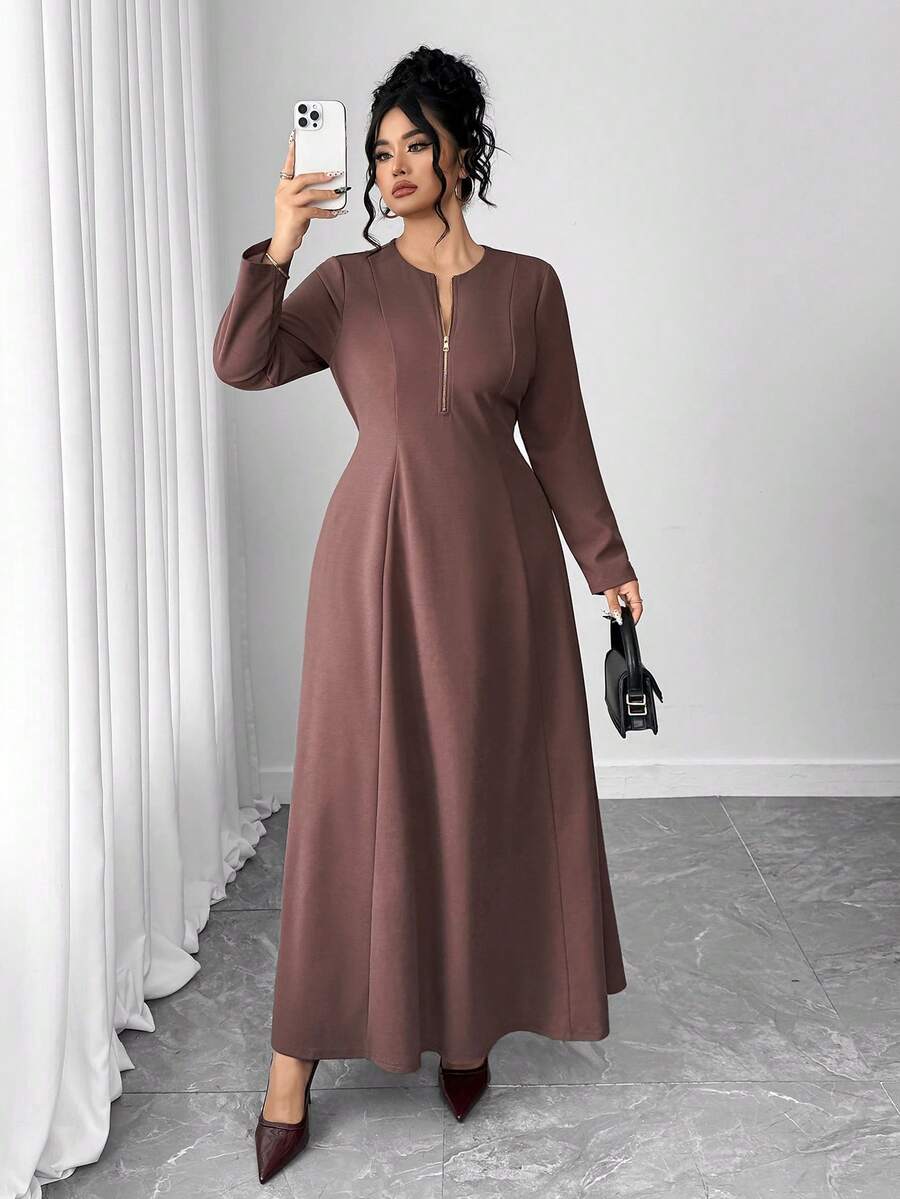 SHEIN Elenzga فستان بني بخصر مشدود للمقاسات الكبيرة