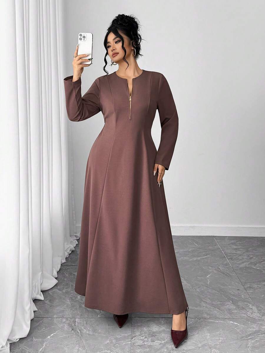 SHEIN Elenzga فستان بني بخصر مشدود للمقاسات الكبيرة