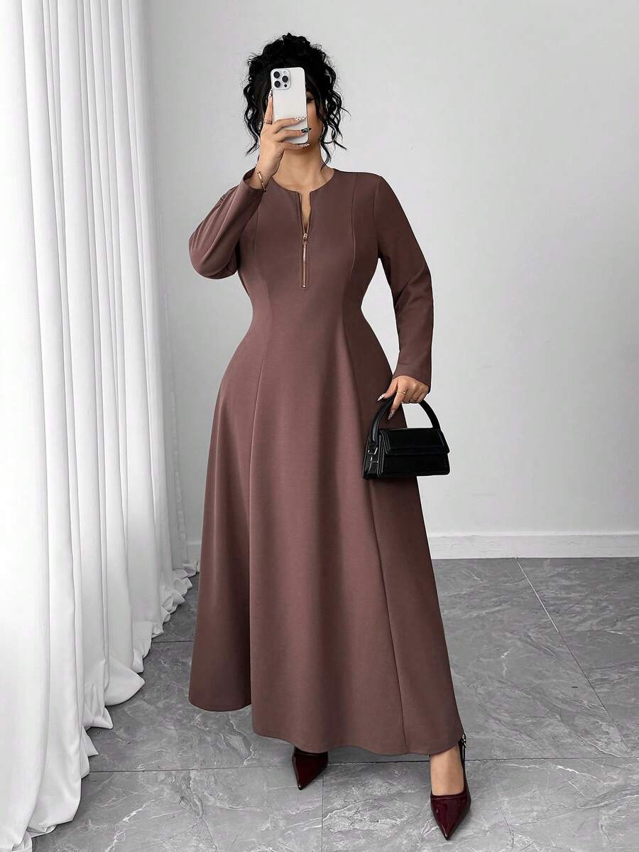 SHEIN Elenzga فستان بني بخصر مشدود للمقاسات الكبيرة