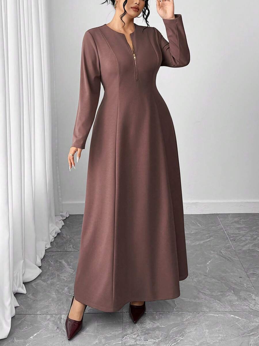 SHEIN Elenzga فستان بني بخصر مشدود للمقاسات الكبيرة