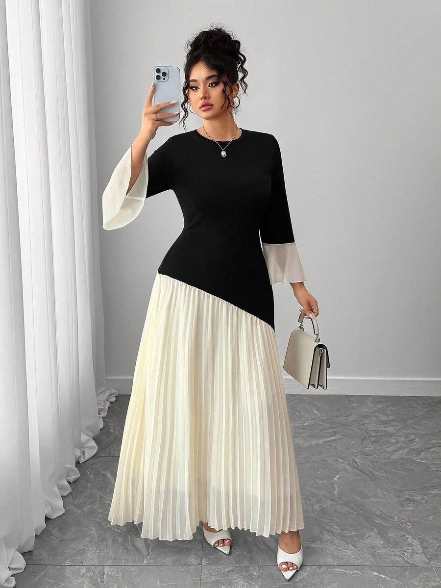 SHEIN Elenzga فستان أسود بياقة مستديرة وذيل سمكة للمقاسات كبيرة